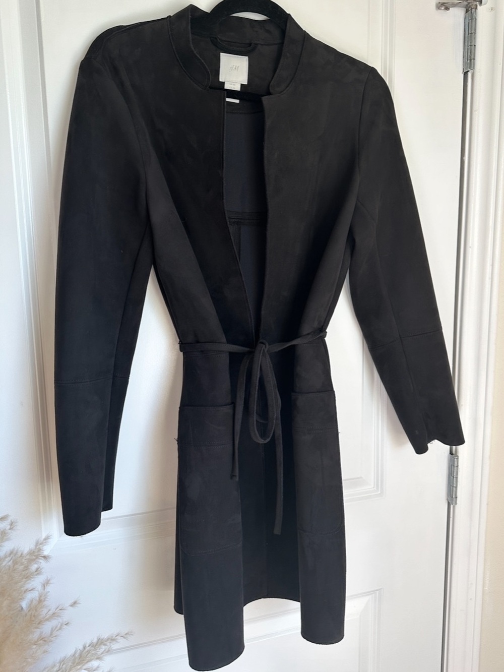 H&M Black Microsuede Wrap Coat